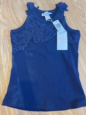 Caroline Constas Navy Ribbed Tank with Lace Appliqué